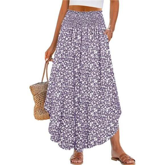 Women's Maxi Skirts Summer Boho Floral Floral Gray Purple - Picture 1 of 6